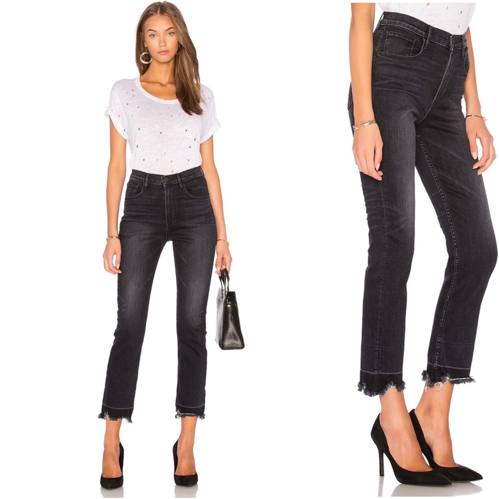 3x1 Shelter Crop Jeans Size 27 Black High Rise Fringe Hem